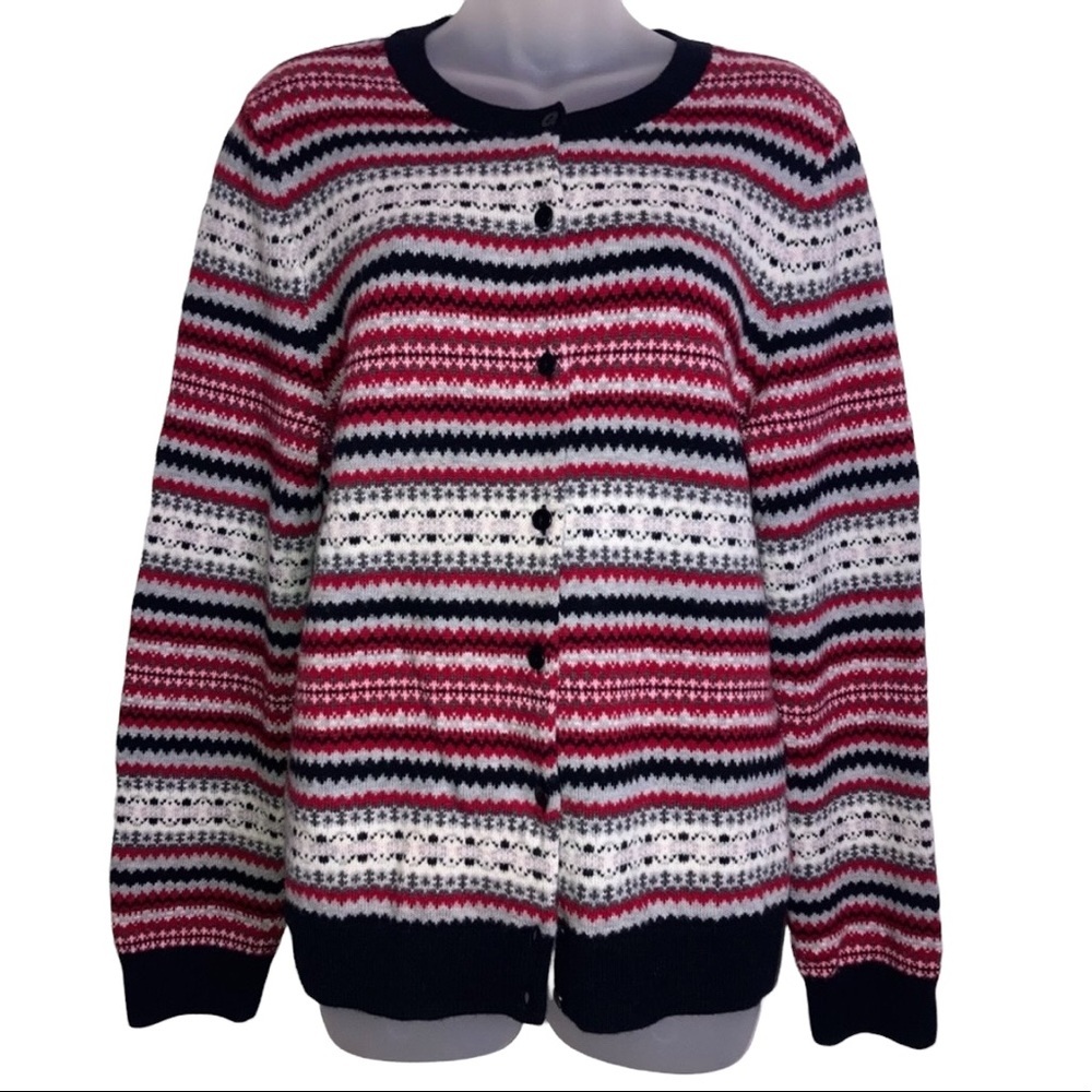 Talbots lambs wool blend red and black striped button up sweater